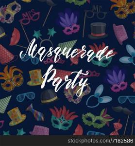 Vector background with place for text with masks and party accessories illustration. Vector background with masks and party accessories