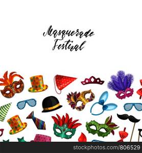 Vector background with place for text with masks and party accessories illustration. Vector background with masks and party accessories