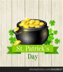 Vector background with pot of gold and clover leaves. Design for St. Patrick&rsquo;s Day.