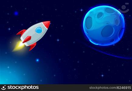 Vector background with rocket flying in space and blue planet