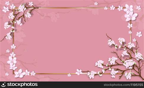Vector background with spring apple blooming, Spring sale flyer template with Cherry blossoming branchesh with yellow gold frame on pink pastel background.