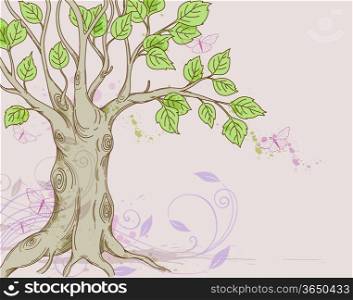 Vector background with tree and floral ornament