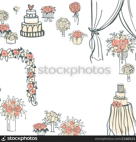 Vector background with wedding flowers, cake, bridal bouquet.