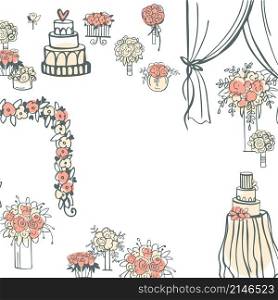 Vector background with wedding flowers, cake, bridal bouquet.