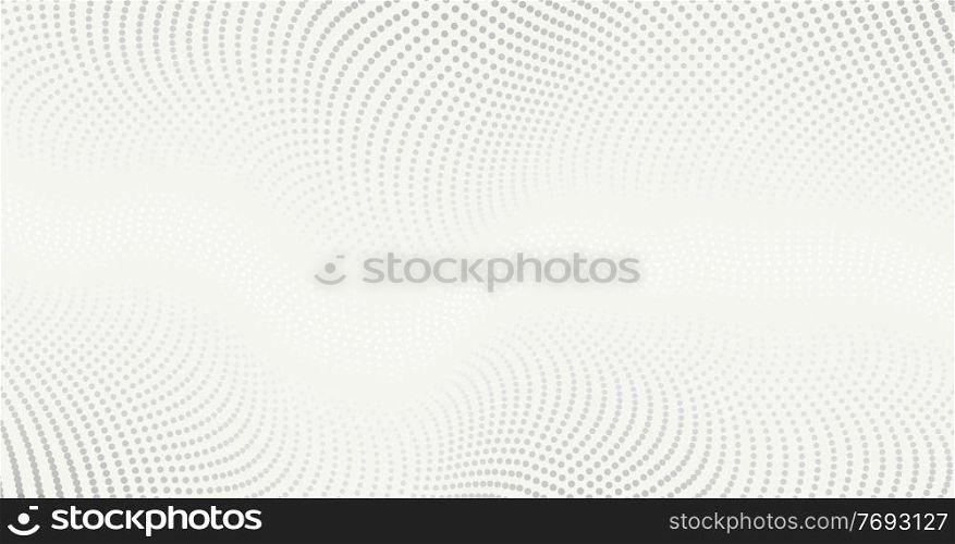 Vector background with white abstract wave dots. Modern science banner halftone effect. Vector background with white abstract wave dots