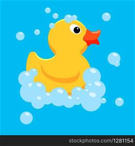 vector background with yellow rubber duck toy with foam bath bubbles. cute duck cartoon for bathing illustration