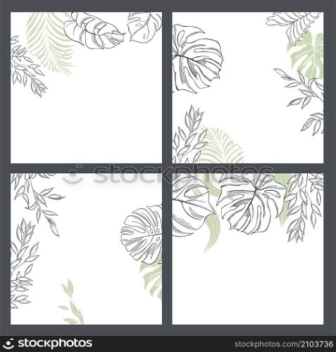 Vector backgrounds with tropical plants in minimalist style.. Vector background with tropical leaves.