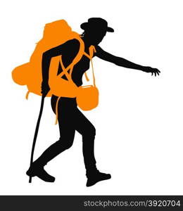 Vector Backpacker. Trekker vector silhouette with orange backpack. EPS 10