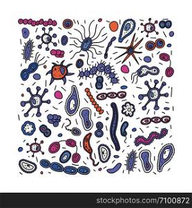 Vector bacteria cells collection. Set of microorganisms shape. Doodle style square composition.