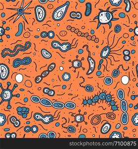 Vector bacterias cells seamless pattern. Microorganism collection. Composition in a doodle style.