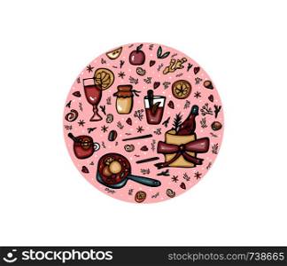 Vector badge of mulled wine elements and objects. Round composition in doodle style.