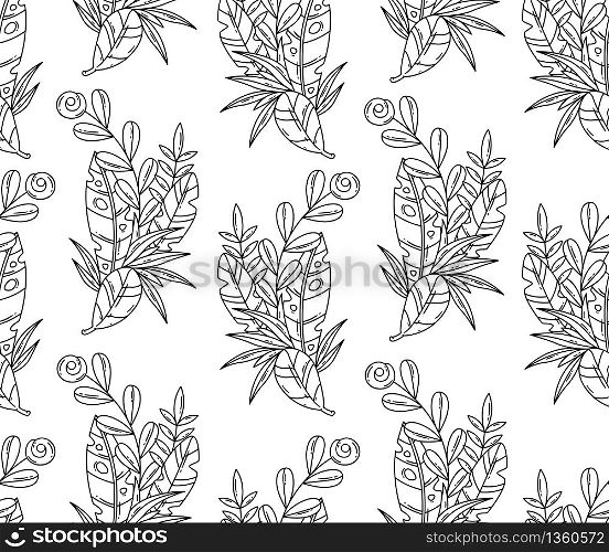 Vector balck and white seamless pattern of tropical leaves and flower.