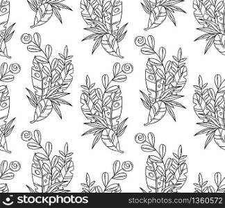 Vector balck and white seamless pattern of tropical leaves and flower.