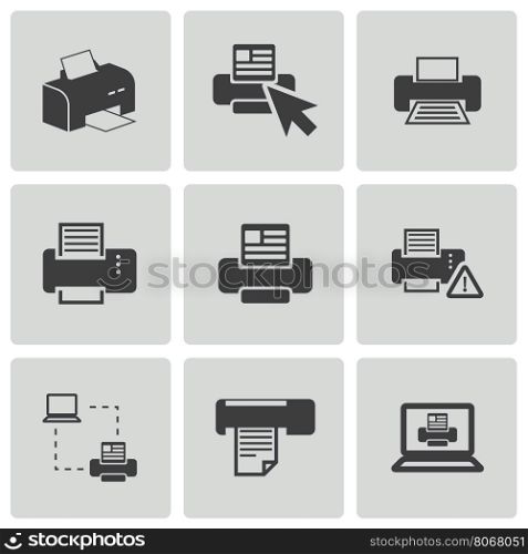 Vector balck printer icons set on white background. Vector balck printer icons set