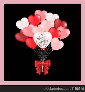 Vector Balloon Heart in white, pink and red on black background, Holiday illustration of flying bunch of red tone balloon in heart shape, Valentines Day invitation, greeting card