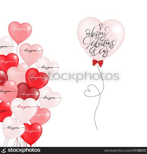 Vector Balloon Heart in white, pink and red on white background, Holiday illustration of flying bunch of red tone balloon in heart shape, Valentines Day invitation, greeting card