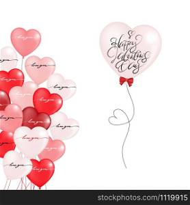 Vector Balloon Heart in white, pink and red on white background, Holiday illustration of flying bunch of red tone balloon in heart shape, Valentines Day invitation, greeting card