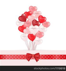 Vector Balloon Heart in white, pink and red on white background, Holiday illustration of flying bunch of red tone balloon in heart shape, wedding or Valentines Day invitation, greeting card