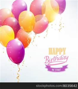 vector balloons background with party streamers and beautiful confetti and the inscription Happy birthday to you. Happy birthday with balloon card