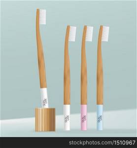 Vector Bamboo or Wooden Handle Toothbrush Illustration with Minimal Toothbrush Stand.