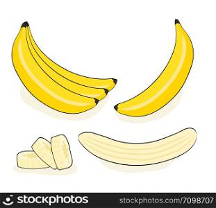 Vector banana. Bunches of fresh banana fruits isolated on white background, collection of vector illustrations in pop art retro comic style
