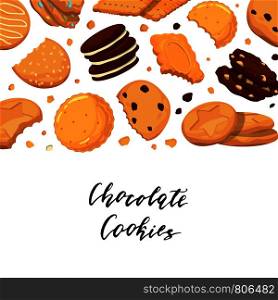 Vector banner and poster background with lettering and with cartoon cookies illustration. Vector background with lettering and with cartoon cookies