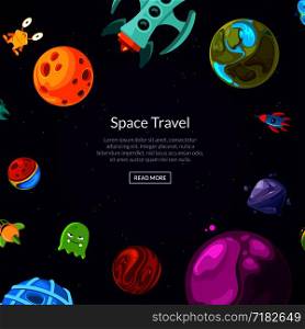 Vector banner and poster background with place for text with cartoon space planets and ships illustration. Vector background with place for text with cartoon space planets and ships