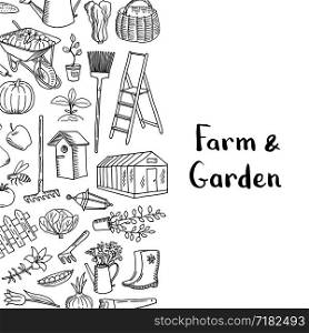 Vector banner and poster gardening doodle icons background with place for text illustration. Vector gardening doodle icons background with place for text illustration