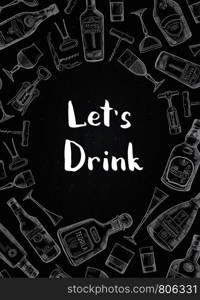 Vector banner and poster hand drawn alcohol drink bottles and glasses background on black chalkboard illustration. Vector hand drawn alcohol drink bottles and glasses background on black chalkboard illustration