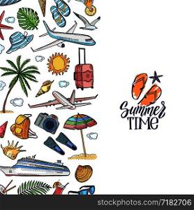 Vector banner and poster hand drawn summer travel elements background with place for text illustration. Vector hand drawn summer travel elements background illustration