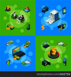 Vector banner and poster isometric money flow in bank icons infographic concept set illustration. Vector isometric money flow in bank icons infographic concept set illustration