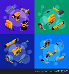 Vector banner and poster with construction tools isometric icons concept illustration. Vector construction tools isometric icons concept illustration