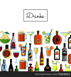 Vector banner background with alcoholic drinks in glasses and bottles and with place for text for drinks menu illustration. Vector background with alcoholic drinks in glasses and bottles and with place for text