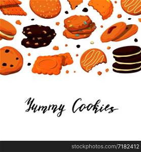 Vector banner background with lettering and with cartoon cookies illustration. Vector background with lettering and with cartoon cookies