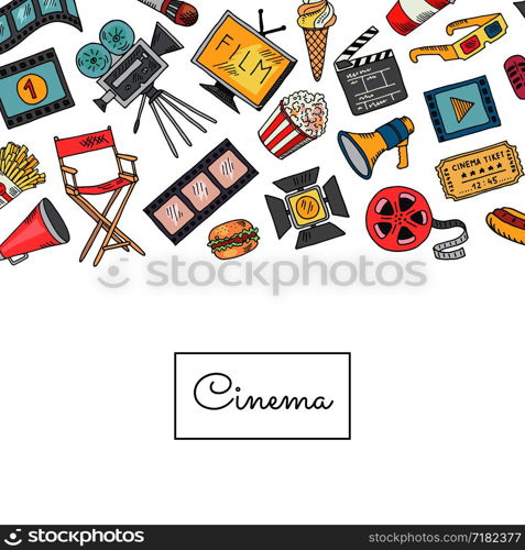 Vector banner cinema doodle icons background with place for text illustration. Vector cinema doodle icons background illustration