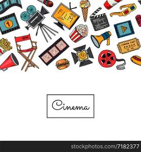 Vector banner cinema doodle icons background with place for text illustration. Vector cinema doodle icons background illustration