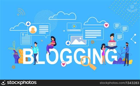 Vector Banner Flat Illustration Blogging. Little People Sitting on Letters. Guy Sitting with Laptop. Girl Smiling Looking Smartphone. Young Man in Green Sweater Looks Mobile. Bearded Man Reads Blog