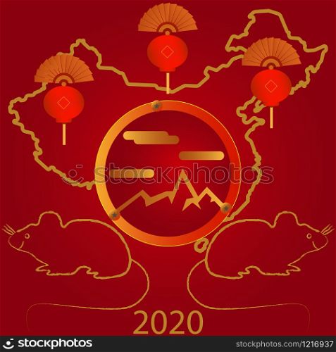Vector banner for Chinese New Year 2020. Background with Chinese symbols and color.