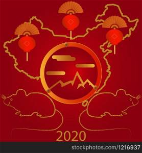 Vector banner for Chinese New Year 2020. Background with Chinese symbols and color.
