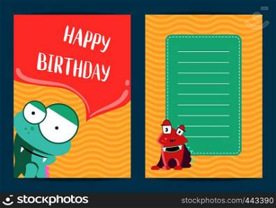 Vector banner happy birthday card template with cute cartoon monsters on wavy background illustration. Vector happy birthday card template with cute cartoon monsters on wavy background