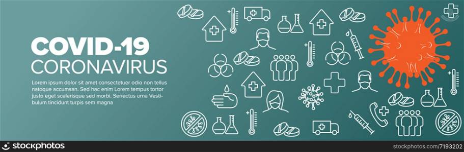 Vector banner header template with coronavirus illustration, icons and place for your information - teal red version