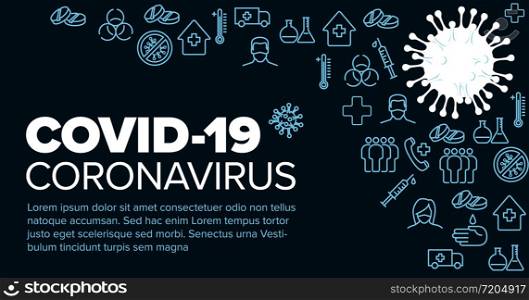 Vector banner header template with coronavirus illustration, icons and place for your information - blue version