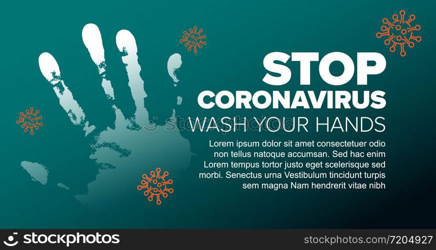 Vector banner header template with hand print and stop coronavirus information - teal version. Banner / header template with coronavirus information