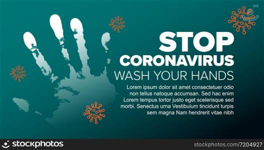 Vector banner header template with hand print and stop coronavirus information - teal version. Banner / header template with coronavirus information