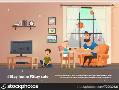 Vector Banner Illustration Stay Home and Stay Safe. Happy Father Having Fun. Smiling Dad Feeding Baby Boy in Highchair Porridge with Spoon while Eldest Son Playing Computer Games on TV Illustration