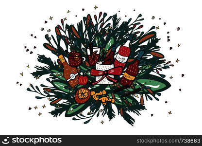 Vector banner of mulled wine elements and objects. Composition in doodle style.