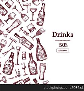 Vector banner or poster hand drawn linear style alcohol drink bottles and glasses background illustration with place for text. Vector hand drawn alcohol drink bottles and glasses background illustration with place for text