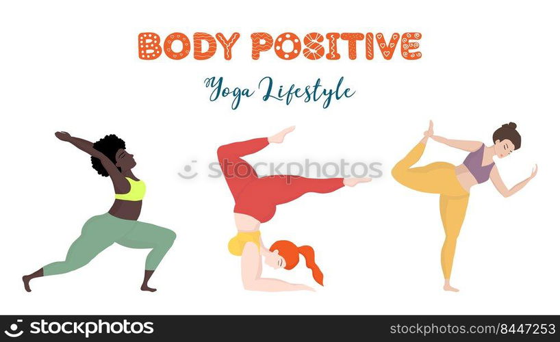 Vector banner or screen template for school website or yoga studio with 3 plus size women in yoga positions. Sports and health body positive concept. Bright banner with yoga practicing lifestyle