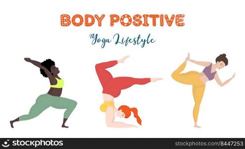Vector banner or screen template for school website or yoga studio with 3 plus size women in yoga positions. Sports and health body positive concept. Bright banner with yoga practicing lifestyle