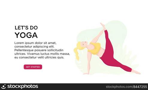Vector banner or screen template for school website or yoga studio with ueropean plus size woman in yoga positions. Sports and health body positive concept. Bright banner with yoga practicing 